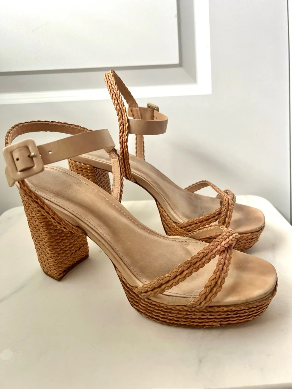 RAYE Woven Platform Block Heel Sandals in Tan